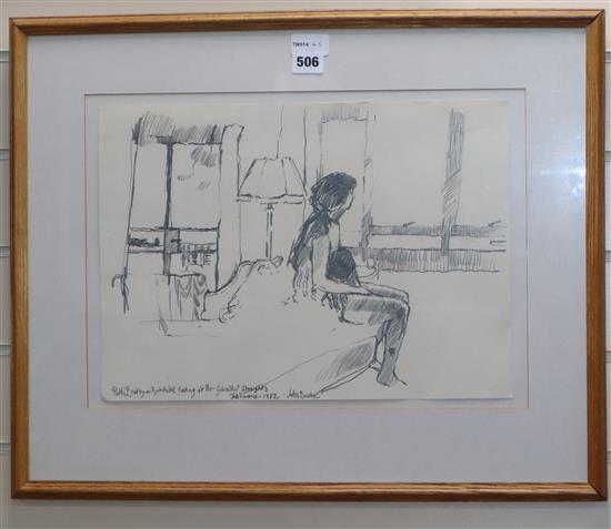 John Bratby RA (1928-1992), Patti Bratby in Rock Hotel looking at the Gibraltar Straights [sic], pencil, 30 x 41cm